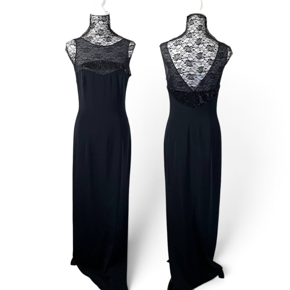 Black Tie Oleg Cassini Vintage Black Beaded Maxi Dress 8 Formal Evening